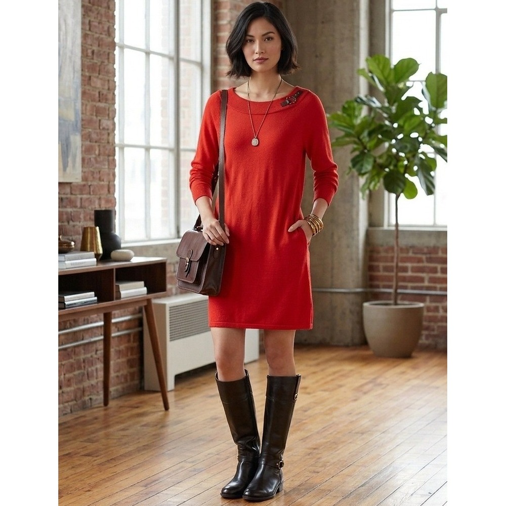Lauren Ralph‎ Lauren Sweater Dress Womens XL Red Merino Wool Buckle Detail NEW